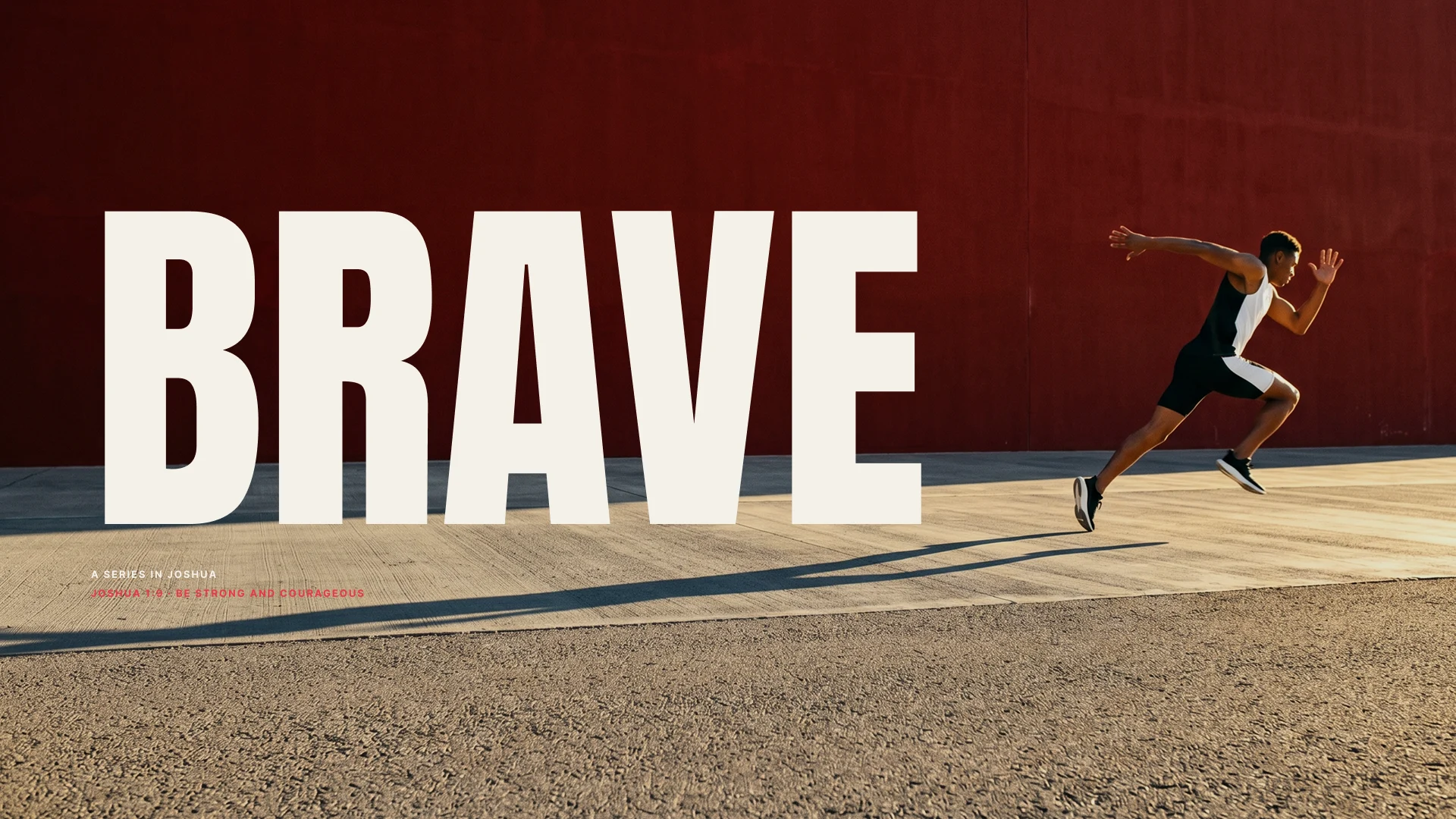 Brave — sermon series worship screen, a runner mid-stride against an oxblood red wall